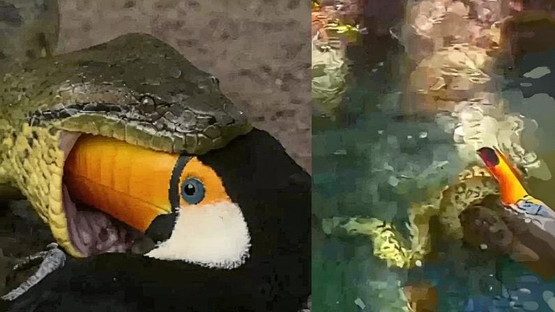 Sucuri devora tucano em ambiente natural (Foto: Reprodução)