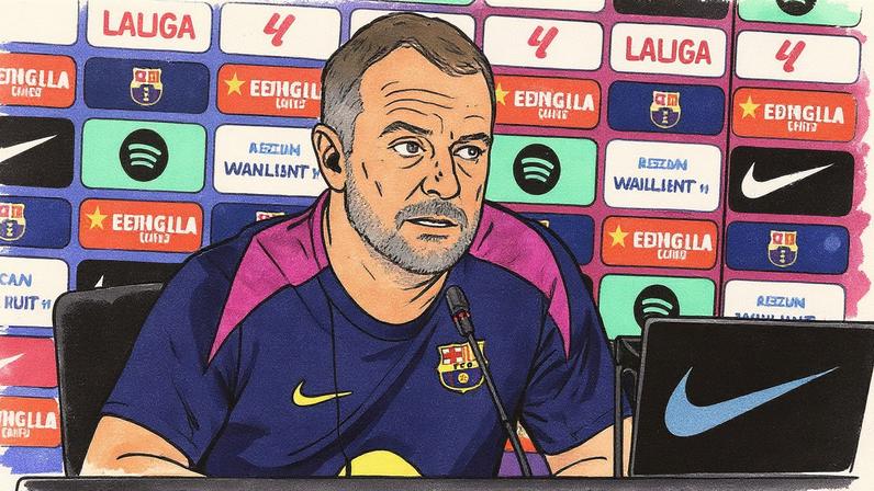 Técnico do Barcelona, Hansi Flick, em entrevista coletiva antes da estreia em La Liga 2025/26 (Foto: Reprodução)