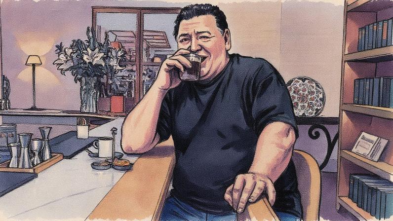 Homem explica a importância da escrita para atores enquanto toma café em um hotel em Madrid (Foto: Reprodução)