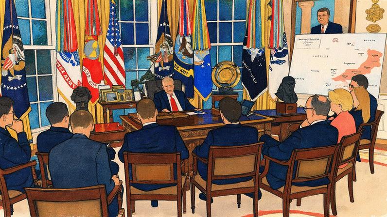 Presidente dos EUA, Donald Trump, se reúne com líderes europeus no Salão Oval, com um mapa da Ucrânia sob ocupação russa em exibição à direita (Foto: Reprodução)