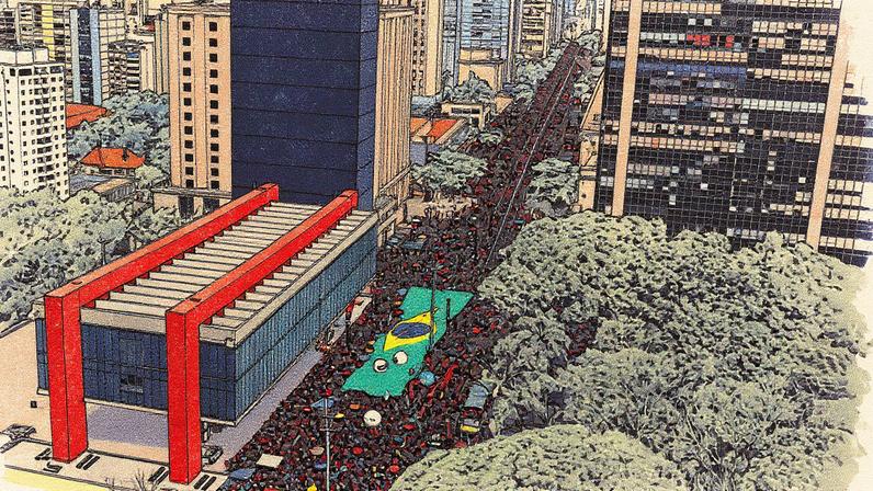 Protesto na avenida Paulista com bandeira do Brasil do MST (Foto: Reprodução)