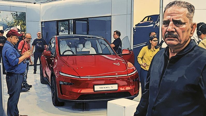Tesla Model Y em exibição na primeira loja da empresa no Complexo Bandra-Kurla, em Mumbai, Índia (Foto: Reprodução)