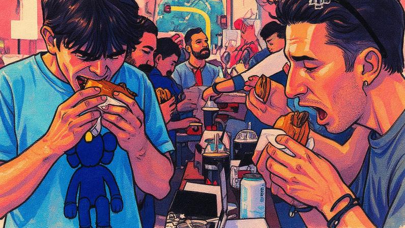 Pessoas comem hamburguesas em Milão, Itália, no dia 28 de maio de 2023 (Foto: Reprodução)
