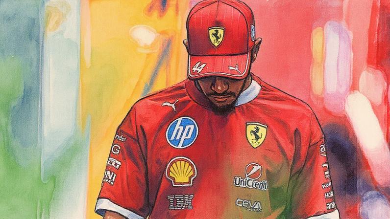 Lewis Hamilton em uma pista de corrida, vestido com um macacão de piloto e capacete, preparado para a competição (Foto: Reprodução)