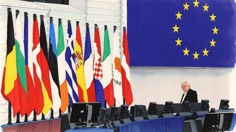 Bandeiras dos países-membros da União Europeia expostas na sede do Parlamento Europeu em Estrasburgo, França (Foto: Reprodução)