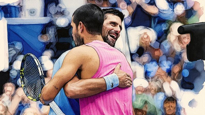 Djokovic e Alcaraz se cumprimentam na rede após o jogo na Arthur Ashe, em Nova York (Foto: Reprodução)