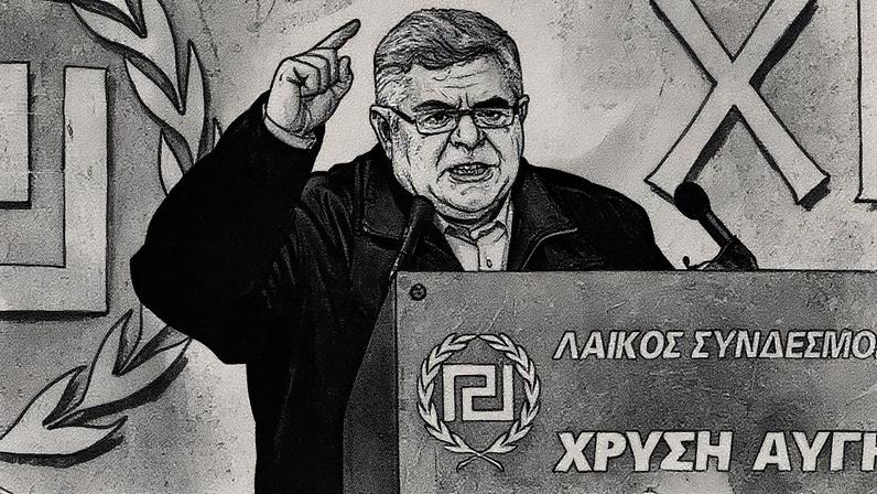 Nikos Michaloliakos faz o gesto de saudação a Hitler durante um comício do partido (Foto: Reprodução)