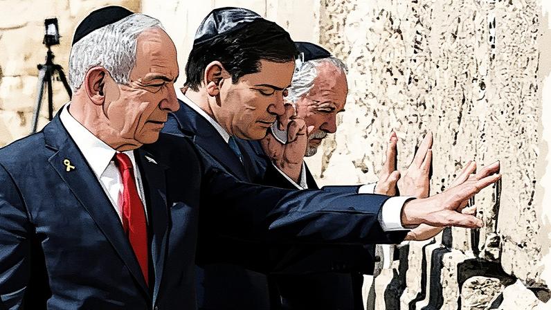 Benjamin Netanyahu, Marco Rubio and Mike Huckabee at the Western Wall this month. Photograph: Nathan Howard/Reuters