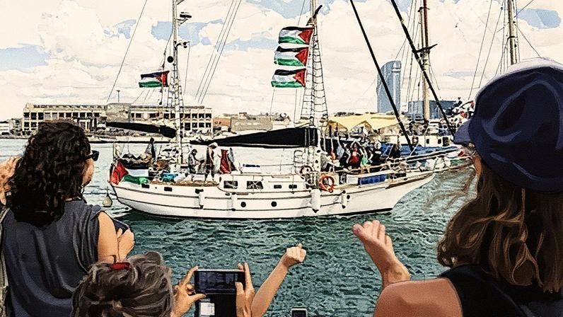 Flotilha Global Sumud parte em direção a Gaza do porto de Barcelona no domingo (Foto: Reprodução)