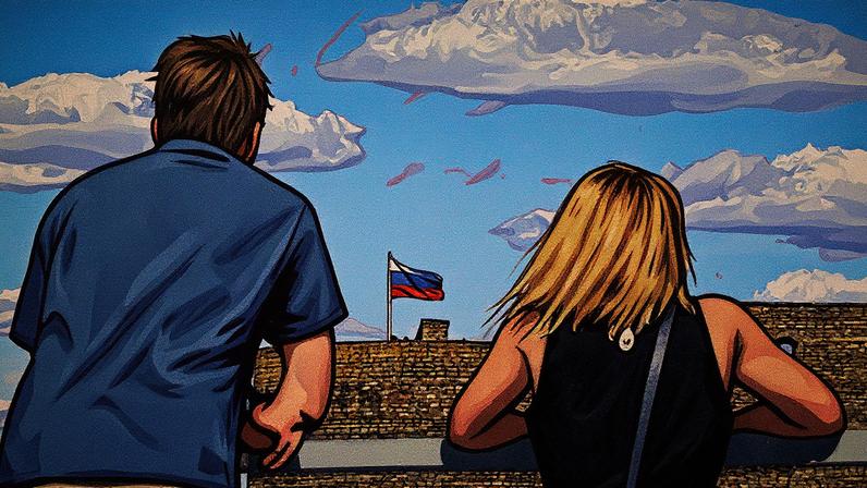 Pessoas observam do lado estoniano da fronteira em direção à Fortaleza de Ivangorod, no lado russo, em Narva, Estônia (Foto: Reprodução)