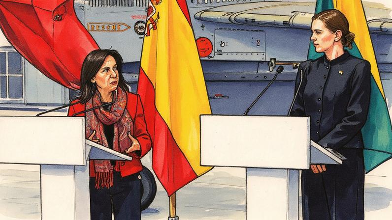 Ministra de Defesa, Margarita Robles, e sua homóloga lituana, Dovilë Sakalienë, na Base Aérea de Siauliai, em Lituania (Foto: Reprodução)
