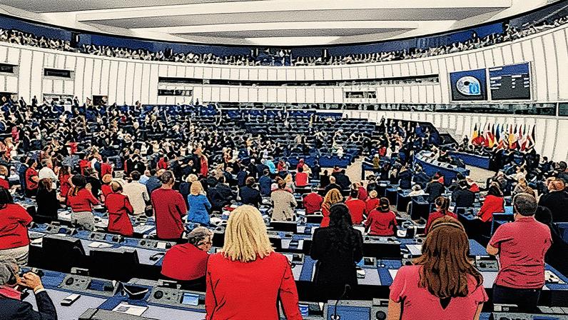 Grupo de eurodiputados vestidos de vermelho em protesto por Gaza em Estrasburgo (Foto: Reprodução)