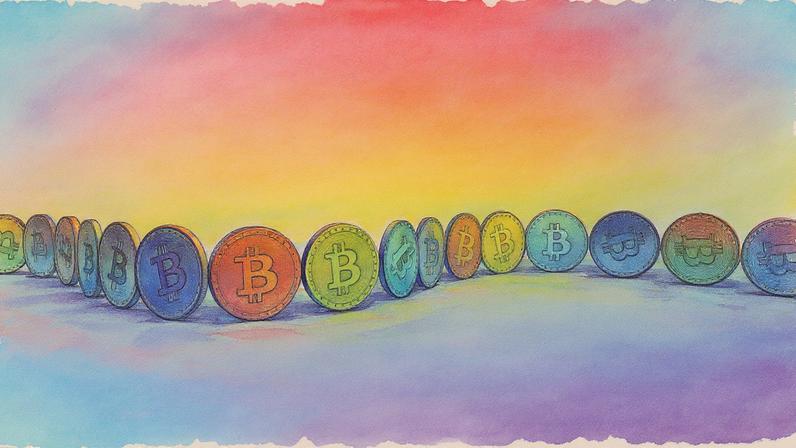 Imagem de moedas genéricas em tons pastel com o símbolo do Bitcoin, dispostas em uma curva contra um fundo multicolorido, representando o conceito de blockchain e criptomoeda (Foto: Reprodução)
