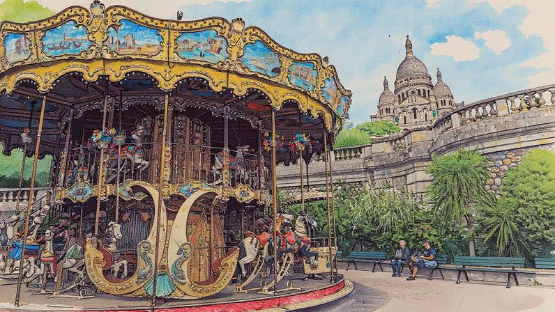 Carrossel em frente à basílica do Sagrado Coração, em Montmartre, Paris (Foto: Reprodução)