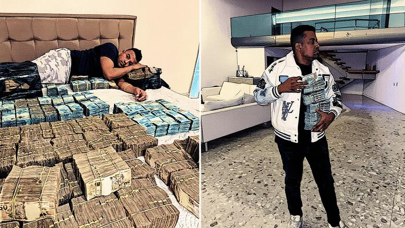 Homem deitado com parte do dinheiro que teria recebido de uma organização criminosa (Foto: Reprodução)