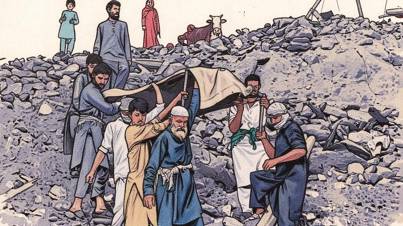 Grupo de pessoas carrega um ferido do terremoto em Kunar, Afeganistão (Foto: Reprodução)