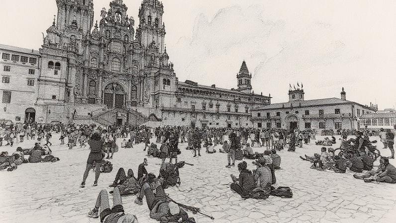 Peregrinos e turistas descansam em frente à catedral de Santiago de Compostela, no noroeste da Espanha (Foto: Reprodução)