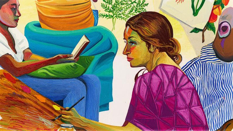 Mural de Aliza Nisenbaum intitulado Reading Circles/ Weaving Dreams/ Seeding Futures, em detalhe, será instalado na sala de leitura principal da biblioteca (Foto: Reprodução)