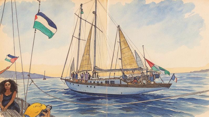 Veleiros com bandeiras palestinas participam de reunião de barcos em apoio a uma flotilha que transportava ajuda humanitária e ativistas em direção a Gaza (Foto: Reprodução)