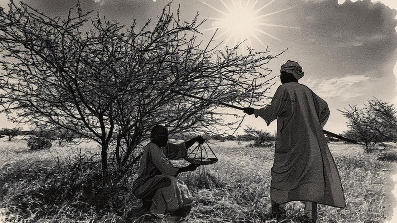 Homens colhem seiva de goma arábica em North Kordofan, Sudão (Foto: Reprodução)