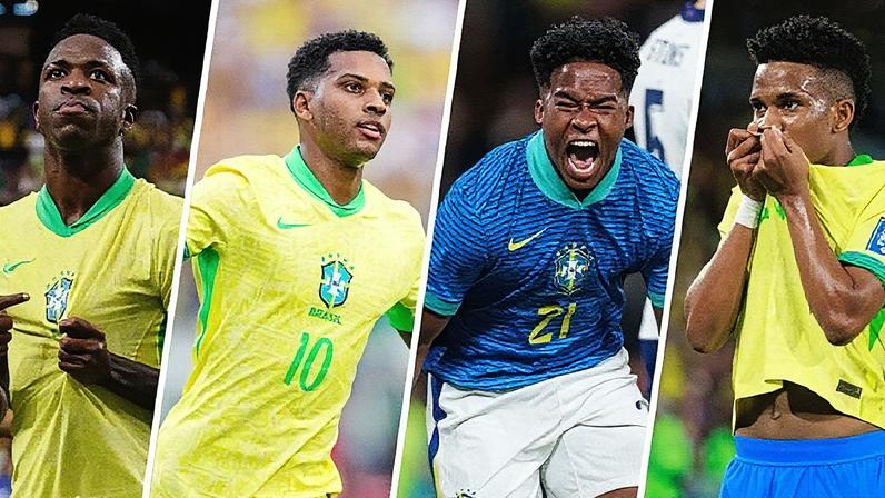 Jogadores Vinicius Jr., Rodrygo, Endrick e Estêvão comemoram gols com a camisa da seleção brasileira (Foto: Reprodução)