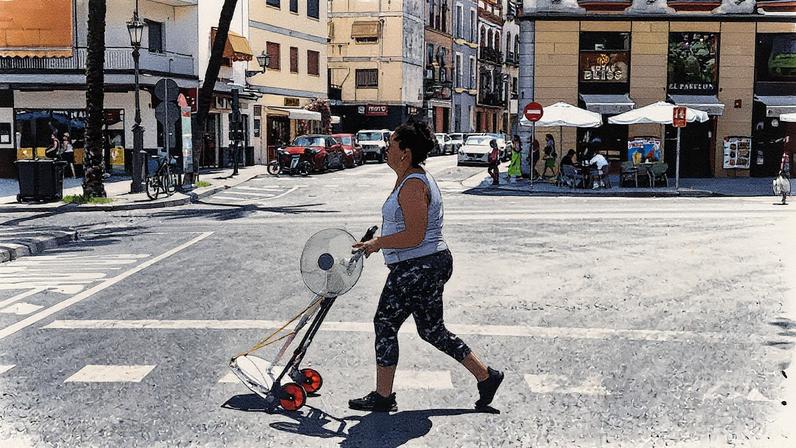 Mulher transporta um ventilador durante a onda de calor em Sevilla (Foto: Reprodução)