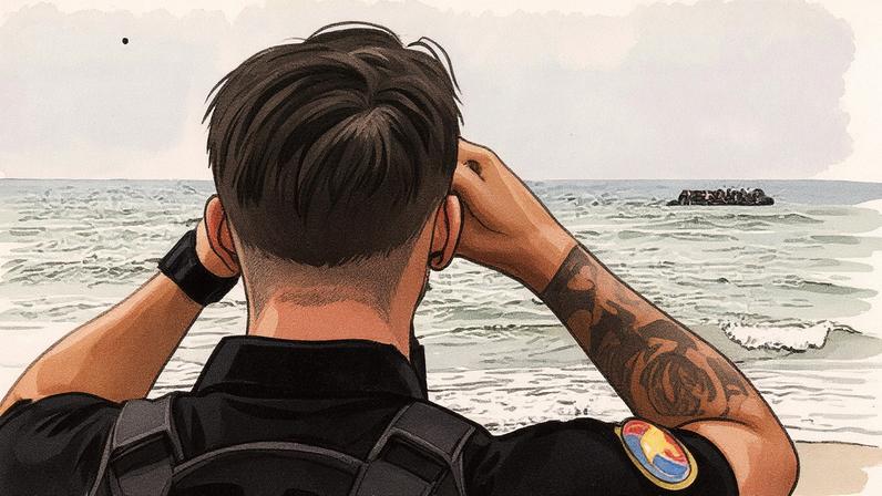 A French gendarme watches people on a small boat trying to cross the Channel off Neufchâtel-Hardelot last month. Photograph: Sameer Al-Doumy/AFP/Getty Images