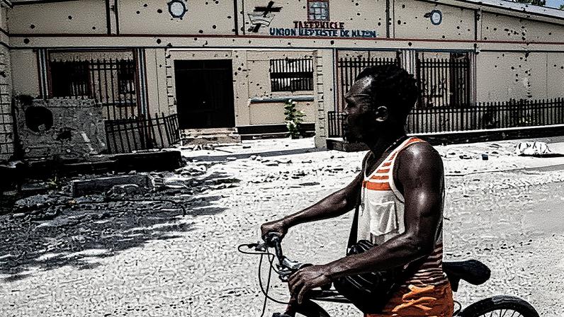 The bullet-hole-riddled Union Baptiste de Nazon church in the Delmas 30 neighbourhood in Port-au-Prince, Haiti, which was attacked by gangs on 25 September. Photograph: Clarens Siffroy/AFP/Getty Images