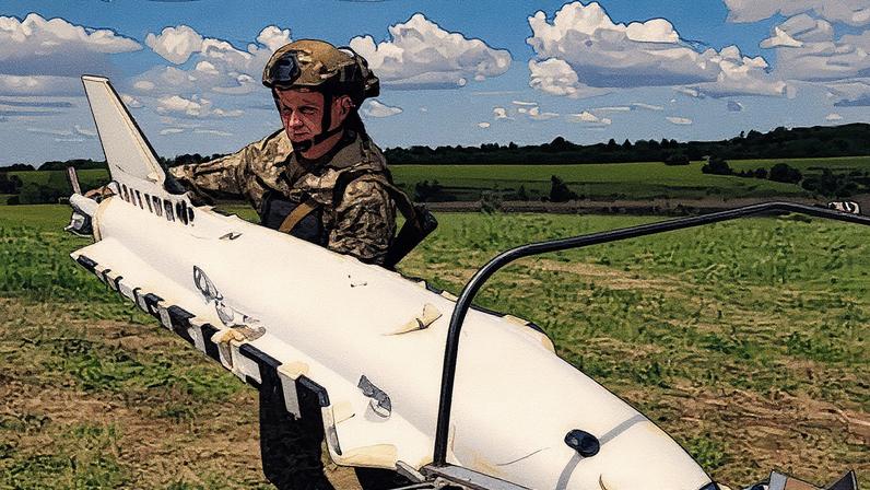 A Ukrainian soldier moves a Gebera decoy drone shot down by his unit. Ukraine has been subjected to nightly barrages of drone and missile attacks by Russia. Photograph: Peter Beaumont/The Guardian