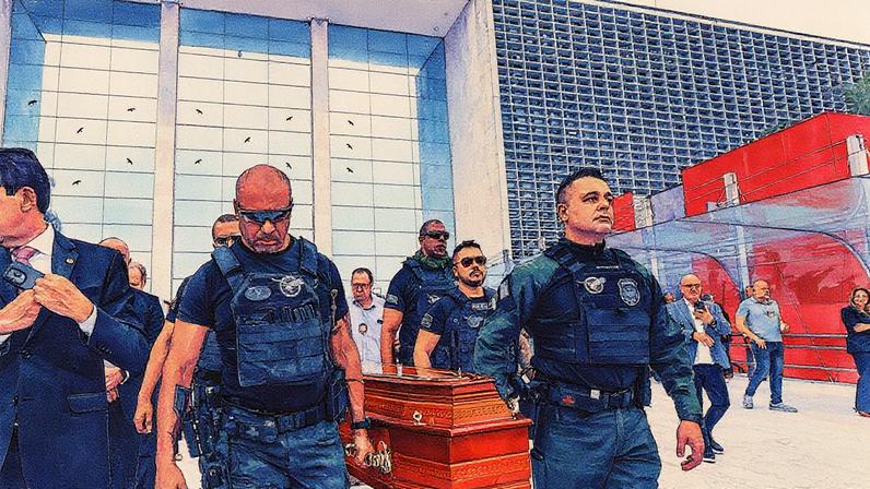 Corpo do ex-delegado-geral da Polícia Civil de São Paulo, Ruy Ferraz Fontes, sendo velado na Assembleia Legislativa (Foto: Reprodução)