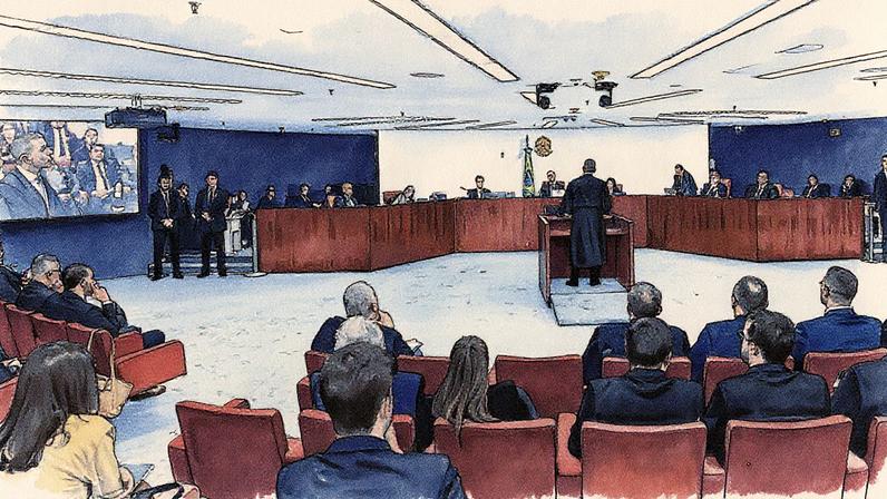 Primeira Turma do STF durante a sessão que recebeu a denúncia do núcleo 2, em abril (Foto: Reprodução)
