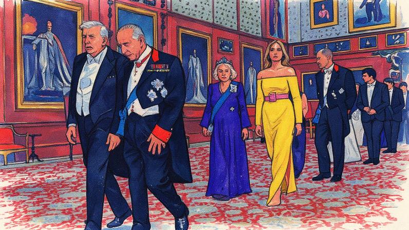 Presidente dos Estados Unidos, Donald Trump, e a primeira-dama Melania Trump, junto ao rei Charles do Reino Unido, rainha Camilla e príncipe William, caminham para o Banquete de Estado no Castelo de Windsor (Foto: Reprodução)