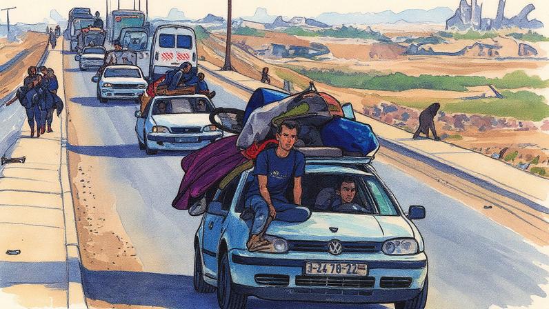 Palestinos deslocados se movem em direção ao sul da Franja de Gaza durante a ofensiva israelense sobre a cidade (Foto: Reprodução)