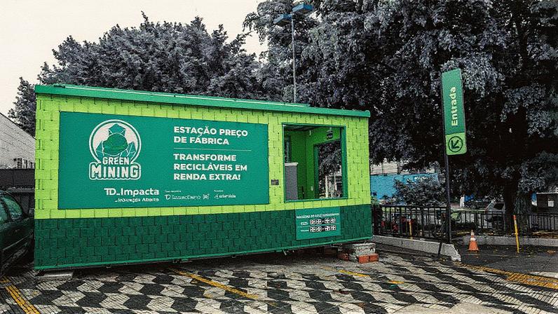 Estações de reciclagem em formato de contêiner estão localizadas em São Paulo, Minas Gerais, Bahia e Tocantins, comprando resíduos recicláveis (Foto: Reprodução)