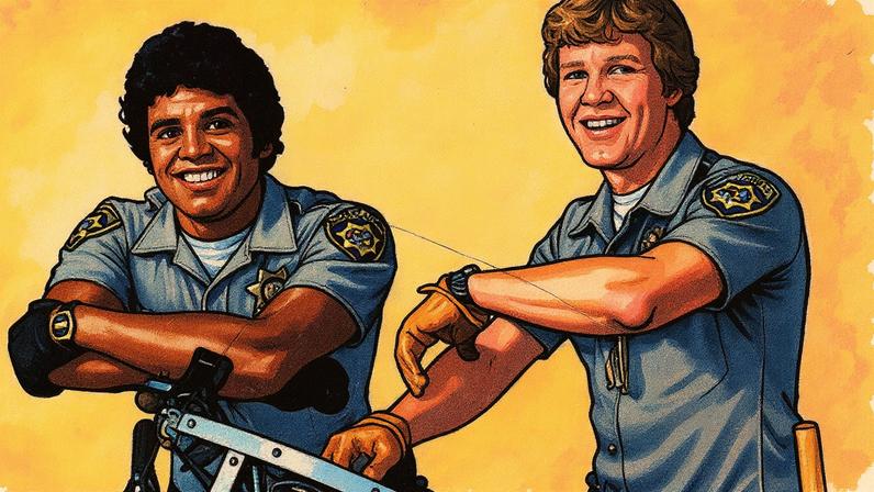 Erik Estrada e Larry Wilcox posam juntos em cena da série 'Chips' (Foto: Reprodução)