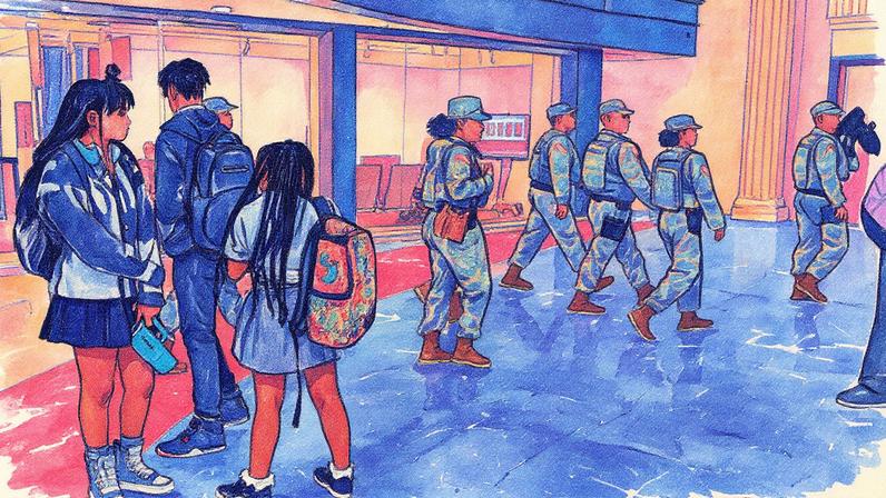 Membros da Guarda Nacional patrulham Union Station em Washington DC, enquanto estudantes estão presentes na cena (Foto: Reprodução)