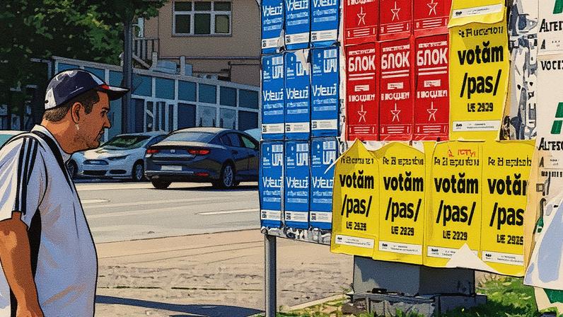 A man inspecting Moldovan political parties' campaign posters in Chișinău, Moldova on Sunday. Photograph: Vladislav Culiomza/Reuters