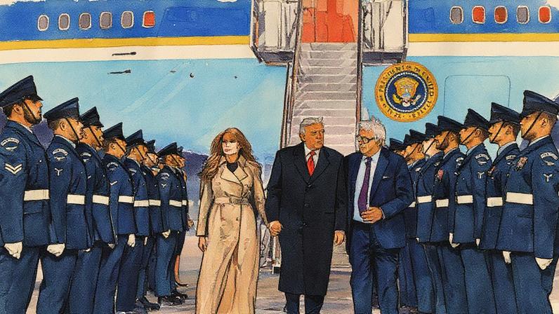 Presidente dos EUA e a primeira-dama desembarcam do Air Force One no Aeroporto de Stansted, na Inglaterra (Foto: Reprodução)