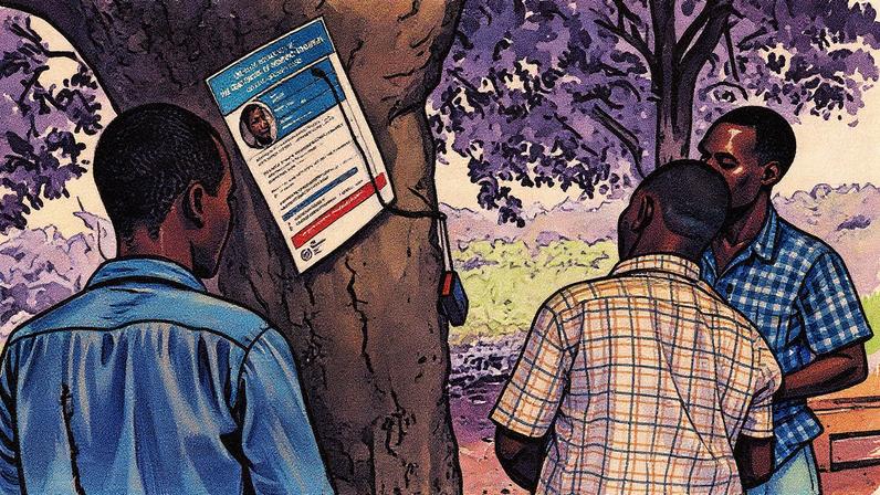 Moradores da vila de Lukodi assistem a uma transmissão da sentença do ex-comandante do Exército de Resistência do Senhor, Dominic Ongwen, em 6 de maio de 2021 (Foto: Reprodução)