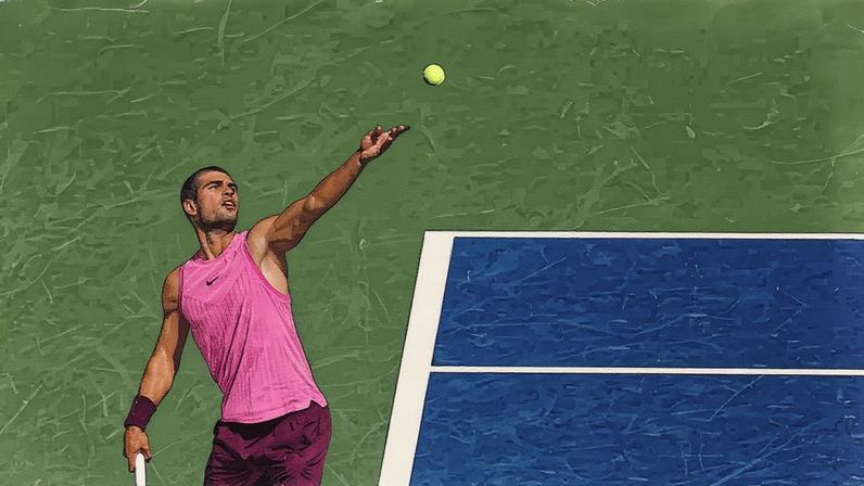 Carlos Alcaraz serve para Jiri Lehecka durante a partida de quartas de final do U.S. Open em Nova York (Foto: Reprodução)