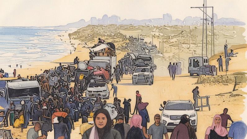 Palestinos deslocados caminham pela via costeira em direção ao sul da Franja de Gaza após ordem de evacuação (Foto: Reprodução)