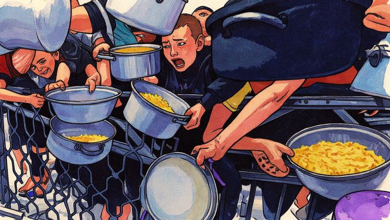 Grupo de palestinos, incluindo crianças, recebe comida em uma cozinha comunitária em Cidade de Gaza (Foto: Reprodução)