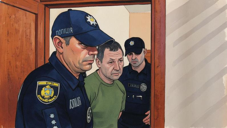 Agentes escoltam Mijailo Stselnikov, detido pelo assassinato do ex-presidente do Parlamento ucraniano Andri Parubi em Lviv (Foto: Reprodução)