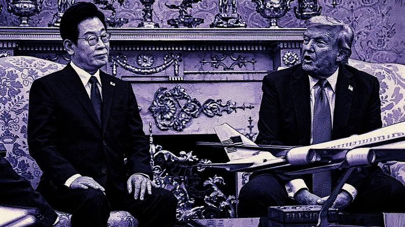 Presidente dos EUA, Donald Trump, e presidente sul-coreano, Lee Jae Myung, durante reunião bilateral no Salão Oval da Casa Branca (Foto: Reprodução)