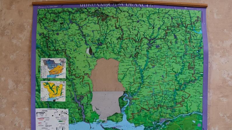 Mapa rasgado exibido em uma parede em Mykolaiv, Ucrânia (Foto: Reprodução)