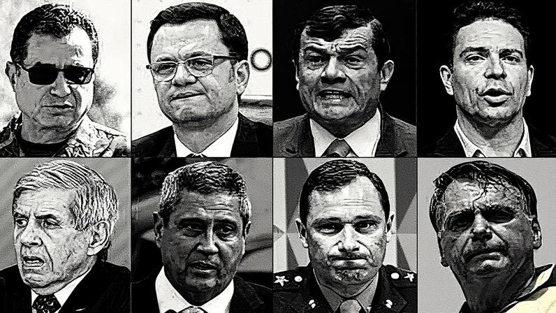 Grupo de homens, incluindo Almir Garnier, Anderson Torres, Paulo Sergio Nogueira, Alexandre Ramagem, general Augusto Heleno Pereira, Walter Souza Braga Netto, Mauro Cid e Jair Bolsonaro, reunidos em um ambiente formal (Foto: Reprodução)