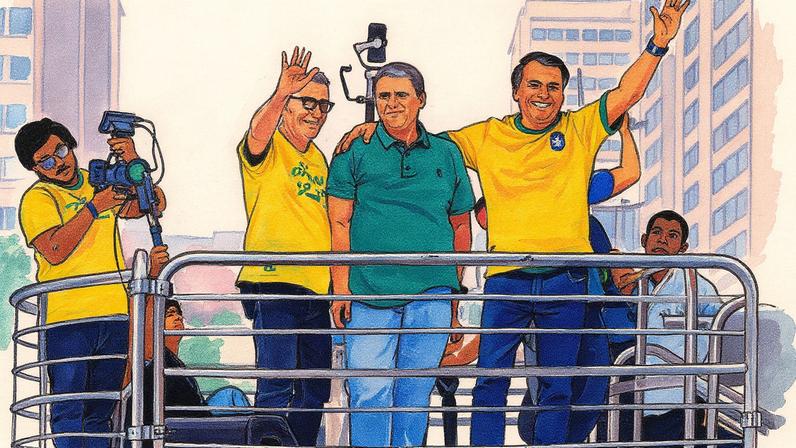 Governador Tarcísio de Freitas, entre Malafaia e Bolsonaro, durante manifestação no dia 7 de setembro (Foto: Reprodução)
