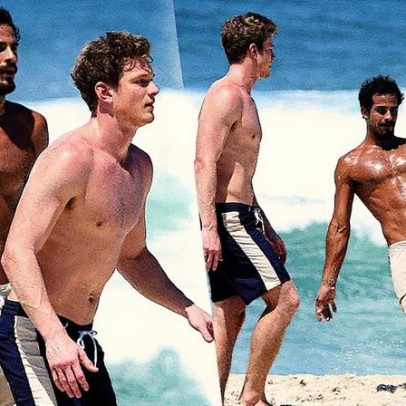 Pedro e Diogo Novaes se divertem jogando altinha na praia do Rio