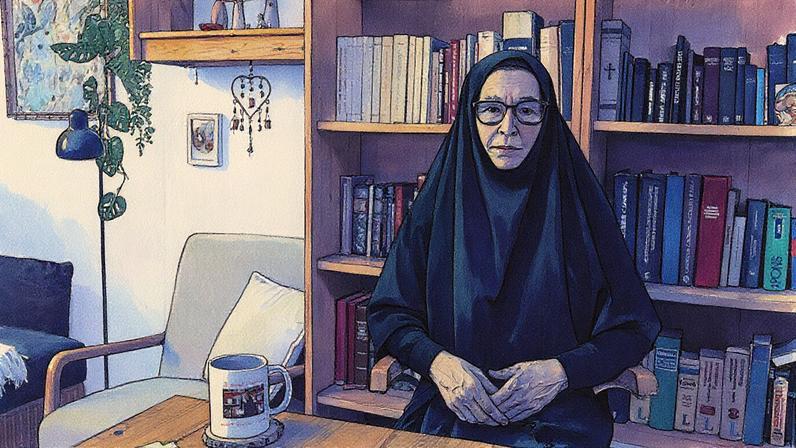 Irmã Vassa Larin, uma proeminente freira ortodoxa americana, posa para um retrato em seu quarto antes de gravar um vídeo em Viena, Áustria (Foto: Reprodução)