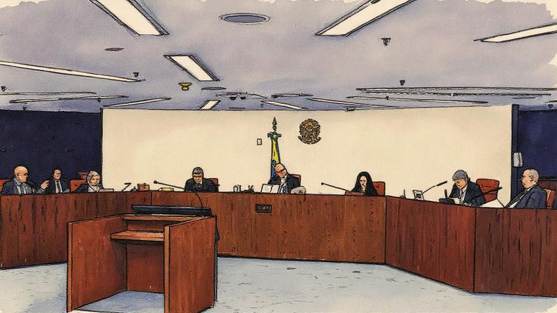 Presidente da Primeira Turma, Cristiano Zanin, ao centro; ministros Moraes e Cármen Lúcia à esquerda, e Dino e Fux à direita (Foto: Reprodução)